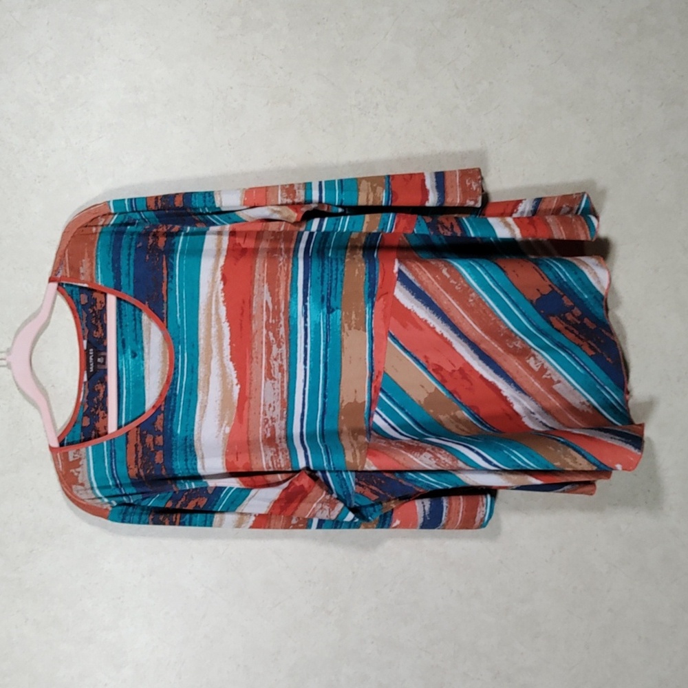 6186 Multiples turquoise and rust striped asymmetrical hem knit top 2X